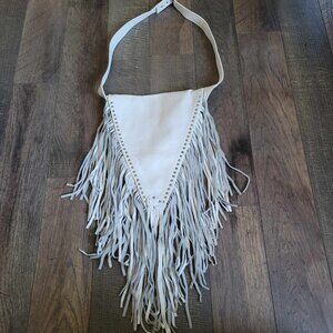 Handmade One of a Kind white pebbled leather bag with silver studs & long fringe